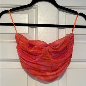 Vibrant Orange and Pink Ruched Strapless Crop Top
